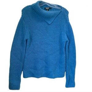 DKNY Chucky Wool Ribbed Knit Sweater Side Mock Neck Soft Cozy Oversized Blue M
